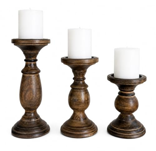 Wooden Pillar Candle Holders, Vintage Candle Stand for Pillar Candles, Candle sticks Center pieces for Table Mantle Fireplace Decor (Set of 3)