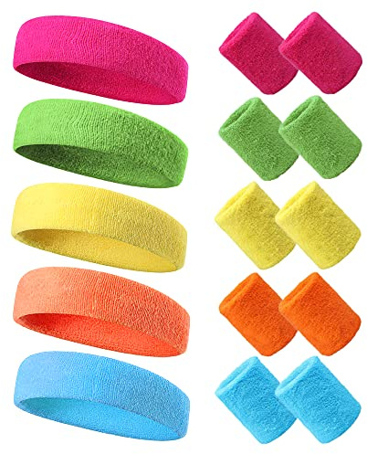 Csirnto Neon Schweißband Set 15 Stück 80er 90er Jahre Stirnband und Schweißband Handgelenk, 5 Farben Sportstirnband Fitness-Schweißbänder Stirn Schweissband Retro Party Accessoires für Damen Herren