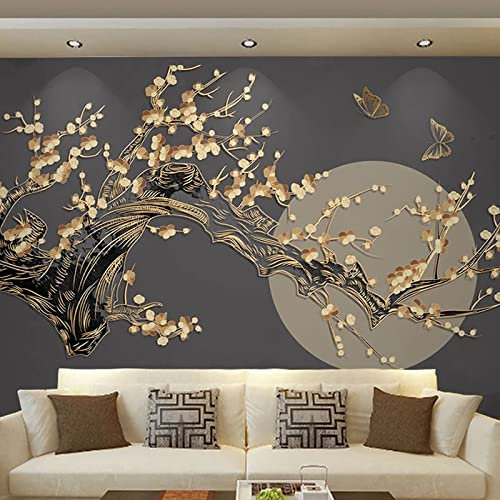 KOMEDO Custom 3D Wall Mural Chinese Style Plum Blossom Moon 3D Golden Relief Lines Wallpaper Living Room TV Sofa -400X280cm