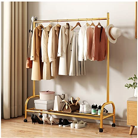 Hallenbaum mit Haken Einstangen Kleiderschienen Tragbarer mobiler Kleiderwagen zum Aufhängen Robuster Kleiderständer aus Metall Mit unterem Ablagefach für Ladenanzeige ( Color : Gold , Size : 100cm )