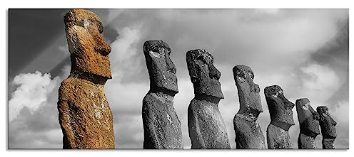 Pixxprint Glasbild Panorama, Wandbild aus Echtglas, schöne Moai Statuen, 120x50 cm, inkl. Aufhängung und Abstandshalter
