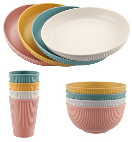 FUNYKICH 12 Piezas Juegos de Vajilla de Camping Multicolor Irrompible de 4 Personas para Cena, Picnic, Camping, Barbacoa, Apto Microondas Y Lavavajillas