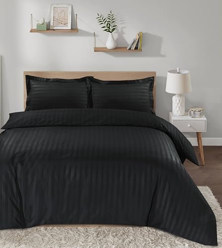 Casabella Satin Stripe Duvet Cover Sets, Luxurious Double Black Bedding with Satin Stripes,Double Duvet Cover Set,Hotel Quality Double Duvet Set & Pillowcases, Black Duvet Cover
