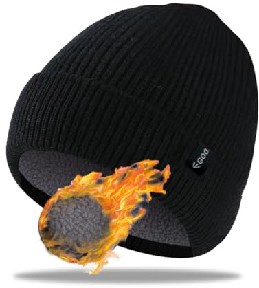 EGOO - Berretto Classico per Uomo e Donna, con Risvolto, Ultra Comodo, Caldo Cappello Invernale, Cappello di Lana Casual (Nero + Fodera in Pile)
