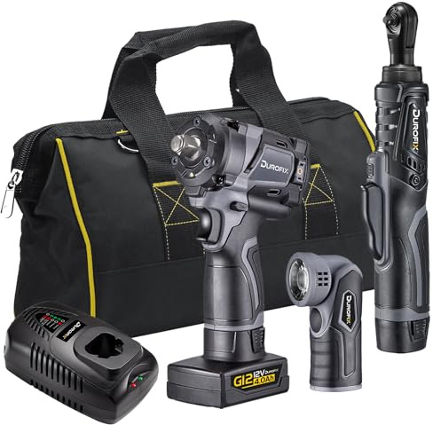 Durofix RI12184-K1GL G12 Pro Series 1/2 Brushless Stubby Impact Wrench, Ratchet Wrench and Torch Kit with 4.0Ah and 2.0Ah 12V Batteries, Charger and Bag