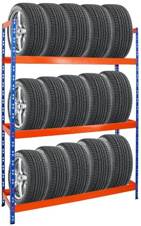 PROREGAL Étagère à pneus Tiger XL | HxLxP 200x150x45cm | Charge Max. 300kg | Jusqu'à 18 pneus | Bleu/Orange | Porte-Pneu, Rack à pneus, rayonnage, Stockage, Rangement, Support, Atelier, Garage