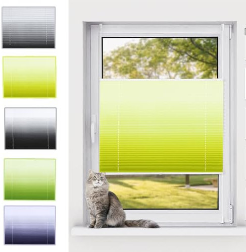 Plissee ohne Bohren Verdunkelung 25 x 80 cm Blickdicht Sichtschutz Sonnenschutz Jalousie Rollo für Fenster und Tür, mit Klemmträger / -fix für Fenster und Tür, Gelb