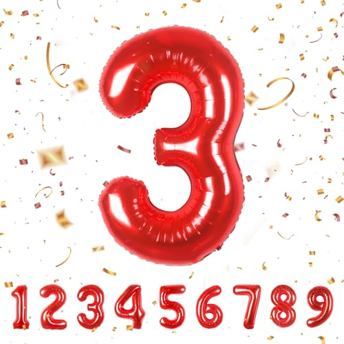 Number 3 Balloons, Red, 40 Inch Giant Helium Foil for Birthday Party Decoration, Boys Girls 3th Birthday Decor, Anniversary Party Supplies
