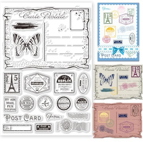 GLOBLELAND Vintage Dekor Buchstaben Postkarten Transparente Stempel Für DIY Scrapbooking Retro Stempelelemente Silikon Stempelsiegel Transparenter Stempel Für Karten Fotoalbum 8.27x5.83Zoll