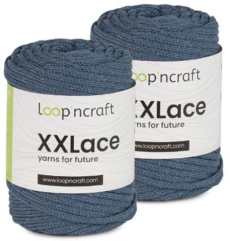Makramee Garn 2er-Set Jeans Blau, Loopncraft, 2 X 4mm - 65m - 250g, Kettengarn, XXLace Garn, Recycling Garn