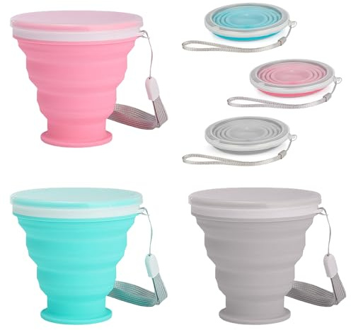 SYEYCW 3 Stück Faltbarer Becher, Silikon Faltbare Becher mit Kunststoff Deckel, Wiederverwendbar Faltbarer Becher, Becher Faltbar für Camping, Reisen, Sport, Picknick, Wandern Reisen usw, 3 Farben