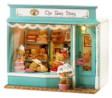 CUTEROOM DIY Miniatur Puppenhaus Bausatz, The Bear Story Buchecken, 3D-Holzpuzzle-Bücherregal zum Selberbauen mit LED und Musik, 1:32 Bastel-Hobby-Geschenk