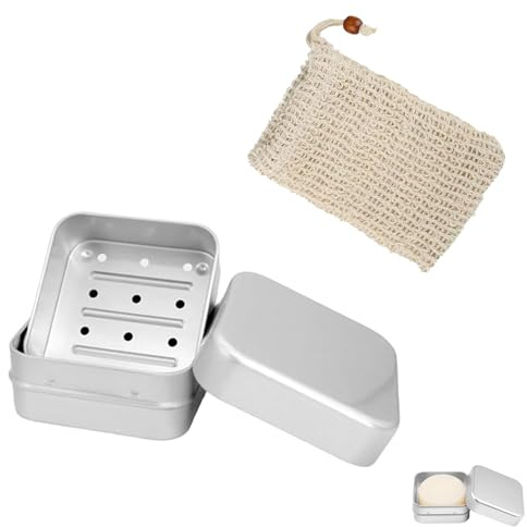 Boîte à savon de voyage, boîte à savon en aluminium, boîte à savon avec égouttoir et couvercle et sacs à savon en sisal, porte-savon anti-rouille, boîte à savon étanche avec design amovible à la