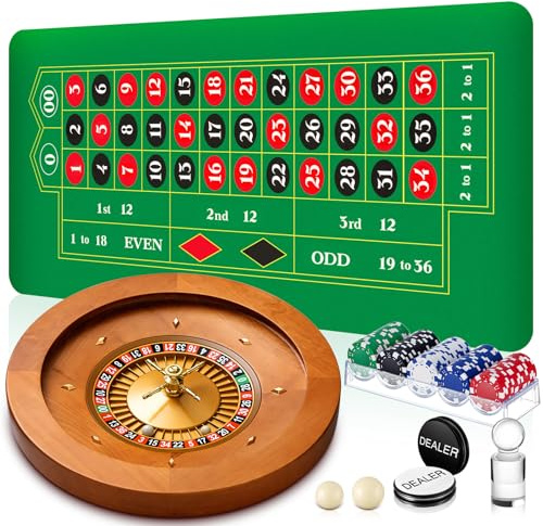 Lunmon 20'' Wooden Roulette Wheel Game Set Include 20'' Solid Wood Wheel with 4 Roulette Balls 47 x 23.6 Rubber Portable Tabletop Layout Mat 100 Chips Marker Dealer Button