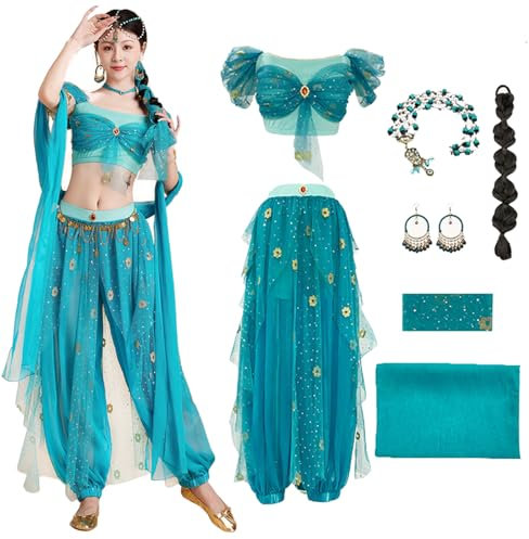 Bi Bi Hou Damen Jasmin Prinzessin Kostüm - Aladdin Arabische Verkleidung Mit Zubehör - Bauchtanz Outfit für Halloween, Karneval, Party, Bühnenauftritt - Erwachsene