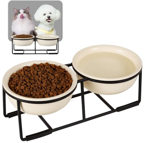 Comedero Perro Elevado de Cerámica - Juego de Cuenco Perro con Soporte de Metal Antideslizante - Comedero y Bebedero Perro - Platos para Perros - Bol Doble para Cachorros y Gatos - 2 x 400 ml - Beige