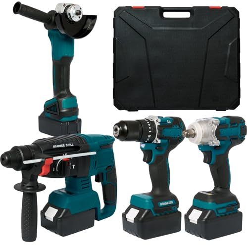SELFIE CAT 4 Set Cordless Combo Kit Power Tools, Hammer/Angle Grinder/Impact Wrench/Drill Impact Drill Set, Cordless Drill and Impact Driver Combo With 4 Battery&2 Chargers for Home, DIYers, Auto