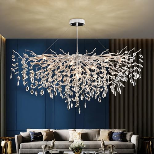 Modern Kronleuchter Kristall Silber, Große Luxus Raindrop Pendelleuchte, Rund Kristall Hängeleuchte Light Fixture, Luxury Tree Branch Kronleuchter für Kücheninsel, Esszimmer, 120cm