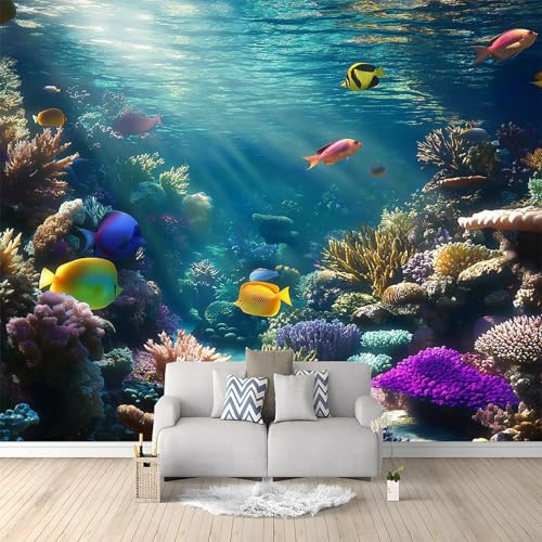 Wallpaper 3D Panoramic Photo Mural, Underwater World Coral Reef Fish 300 x 210 cm Blue 3D Effect Poster Decoration for Bedroom Living Room Corridor