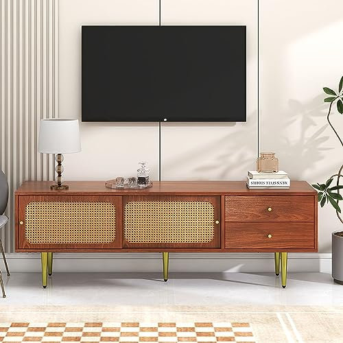 TV-Ständer mit 2 Rattan-Schiebetüren 2 Schubladen 4 Fächer zur Aufbewahrung Farmhouse TV-Schrank Nussbaum mit dunklem Kunststoff-Rattan Lowboards TV Möbel Tisch Braun