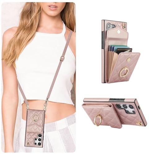 QLTYPRI Handyhülle für Samsung Galaxy S25 Ultra Hülle mit band,Mikrofaser Leder Handykette Case mit Kartenfach Ringständer RFID Schutzhülle Lederhülle Tasche Etui für Samsung Galaxy S25 Ultra-Roségold