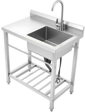 Fregadero independiente de 1 seno con grifo giratorio de 360°, lavabo de 35 cm * 20 cm, superficie de trabajo de 31 cm * 35 cm, fregadero para exteriores, fregadero de acero inoxidable para cocina