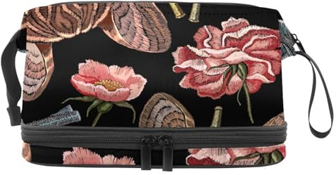 Bolsa de cosméticos bordada de doble capa con diseño de bulldog y rosa, corazón y pistola para mujeres y niñas, neceser de viaje, bolsa organizadora de maquillaje con compartimento para cepillos,