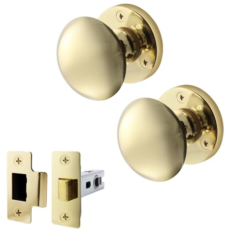 EAI Polished Brass Door Knobs with Latch 76mm - Victorian | Complete Latch Kit with 1 Pair of Victorian Mortice 55mm Door Knobs for Internal Doors, 76mm Latch, Fixings Included