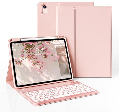 JKSML Hülle mit Tastatur für iPad Air 11 Zoll (M4/M3/M2) 2026/2025/2024 | für iPad Air 5./4.Gen 10.9 Zoll (2022/2020),TPU Hülle mit Stifthalter & Abnehmbarer QWERTZ Tastatur mit Typ-C Kabel,Rosa