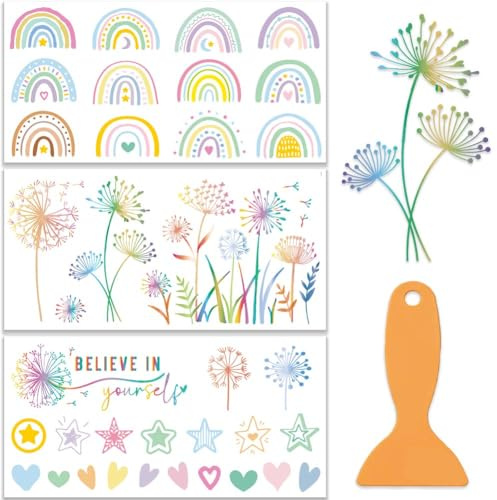 OLYCRAFT 3 Stück/Set Regenbogen Transferfolien Zum Aufreiben Für Möbel Und Kunsthandwerk 30x15cm Löwenzahn Möbelaufkleber Dekor Regenbogen Transferaufkleber Mit 1 Teiligem Schaber Für Scrapbook