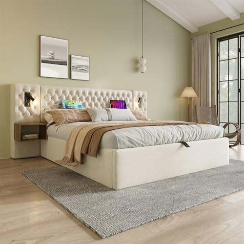 Ensemble Complet de Lit pour Chambre à Coucher, Lit Double, 160 x 200 cm, lit de Rangement hydraulique, avec 2 Tables de Chevet, Lampe de Lecture avec Fonction de Charge USB, Beige,(sans Matelas)