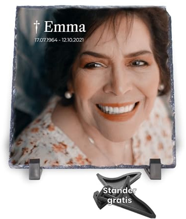 MOMENTU® Personalisierter Gedenkstein mit Foto [Schieferplatte 19x19cm + Ständer] Steinplatte mit Kreuz Trauerstein Fotoaufsteller Gedenkfoto Grabplatte Grabschmuck Gedenktafel Kondolenzgeschenk