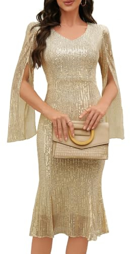 COOAN Pailletten Cocktail Formal Kleider für Frauen,Hochzeiten Gast Abend Party Kleider Slim Midi Fishtail Kleid