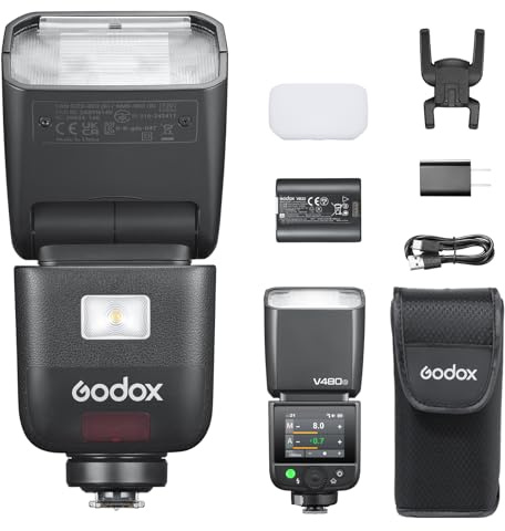 Godox V480 S Flash for Sony, 650 Full-Power TTL Camera Flash Flexible Bounce Head 10-Level Modeling Lamp GN50 1/8000 HSS Mini Flash Smart Distance Readout Speedlight with Touchscreen (V480 Sony)