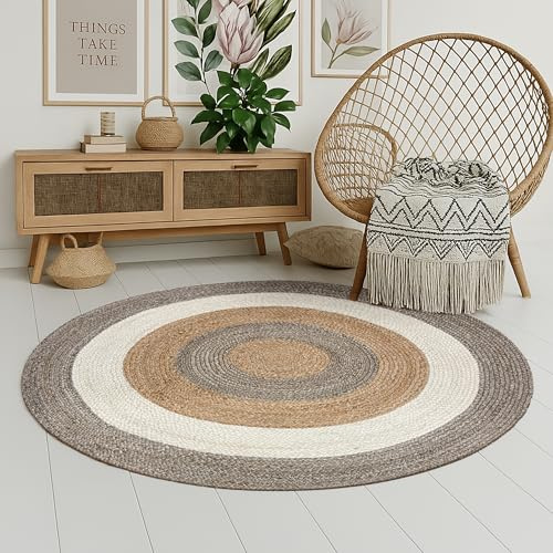 MY-RUG Jute Teppich Rund 150 cm - Sisalteppich Wohnzimmer - Handgewebt | Naturfaser Sisal-Optik, OEKO TEX 100 zertifiziert, schmutzabweisend und weich, ideal für Allergiker & Saugroboter geeignet