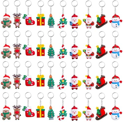 LATERN 40 Pezzi 3D Portachiavi Natalizi, 5CM Portachiavi Natalizi in Gomma Babbo Natale Pupazzo di Neve Albero di Natale Ghirlanda per Natale Regali Festa Bomboniere Albero Decorazioni (10 Stili)