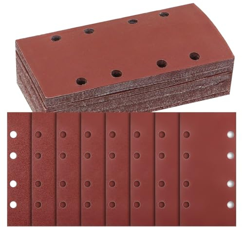 BEASAFY Juego de 40 hojas de lija, papel de lija rectangular, 8 agujeros, almohadilla de lija para lijadora orbital, papel de lija para lijadora rectangular Bosch (60 80 120 180 320 600 800 1000)