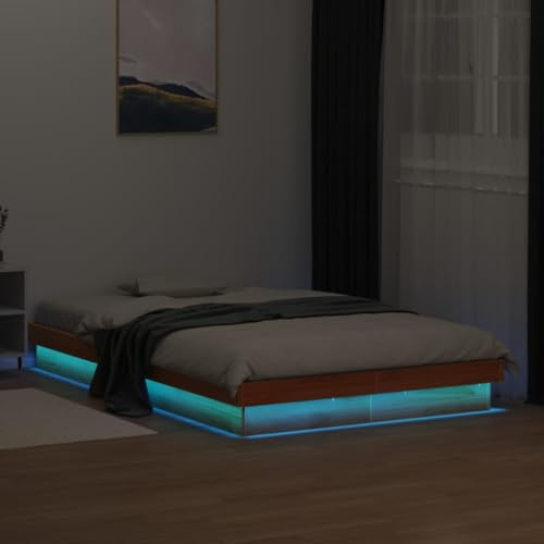 Teenpull Massiv träsäng 135 x 190 cm, vaxbrun furu, sängram med RGB LED-belysning, stabil plattform för sovrum, robust sänggavel design, madrasskompatibel moderna möbler.