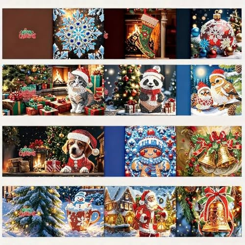 KiKiHong 12 Stück DIY Diamond Painting Weihnachtskarten Set,15x15 cm Grußkarten Weihnachten mit Umschlägen, Postkarten Weihnachten Bastelset Geschenk für Freunde Familie