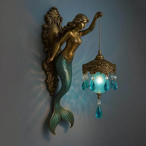WEISIPU Mermaid Wall Lamp, Vintage Style Retro Antique Mermaid Wall Sconce, 8/12 Inch Frosted Glass Lantern Night Light for Bedroom, Living Room, Bathroom