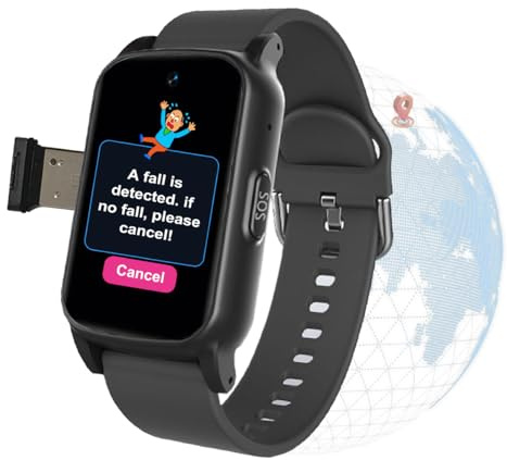 VCYEX Reloj Localizador Personas Mayores, Reloj con Detección De Caídas, Alarma SOS De Emergencia Pulseras Localizador GPS, Reloj Emergencia AncianosBlack,1.25 * 0.57 * 2.22inch