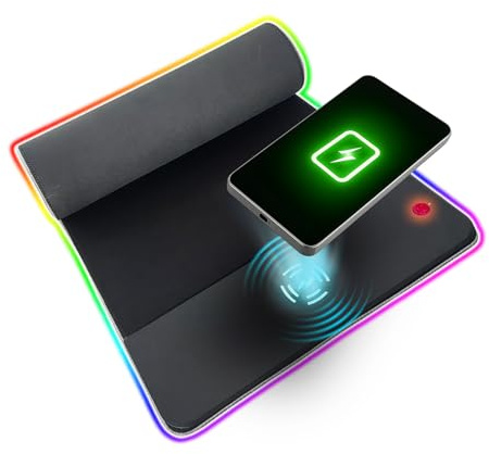 Tapis de Souris Gaming RGB XXL Premium Anti-Dérapant - Chargeur Induction 15W - 10 Modes LED - Tapis Bureau Gamer 2 en 1-800x300 mm - Chargeur sans-Fil Fast-Charge