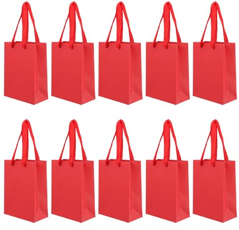 BAZEITFLOW 10 Stück Kleine Rote Papiertüten mit Griffen Leichte Geschenktragetaschen aus Papier für Partys Hochzeit und Alltag