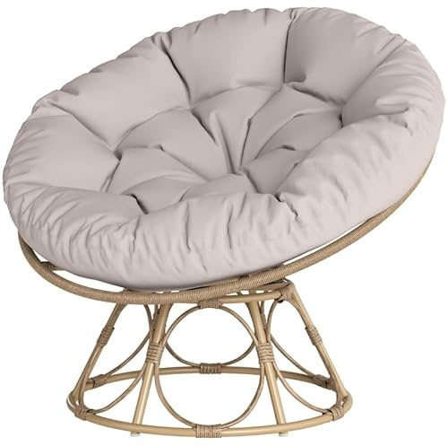 XPSSJMU Papasansessel Rattan 360° drehbar Korbsessel mit Sitzkissen Durchmesser 90 cm runder Outdoor Rattansessel Drehsessel Loungesessel Liegesessel für Wohnzimmer Garten Balkon Hellgrau