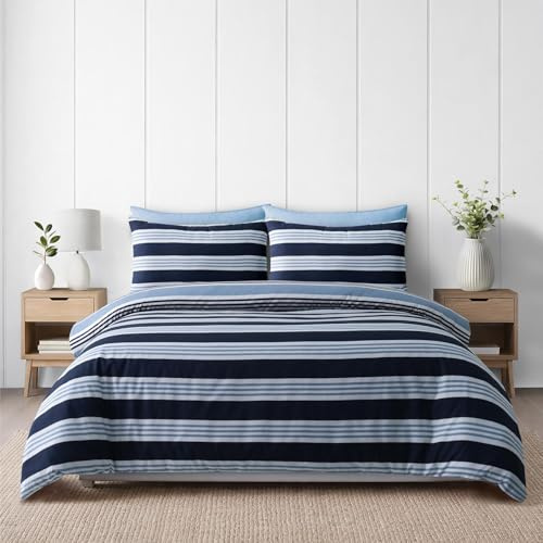 Adore Home Single Duvet Cover Set Navy & Blue Stripes Bedding & Pillowcase | Soft Warm Easy Care Reversible Microfibre Bed Linen With A Coordinating Reverse For A Comfortable Bedroom Refresh
