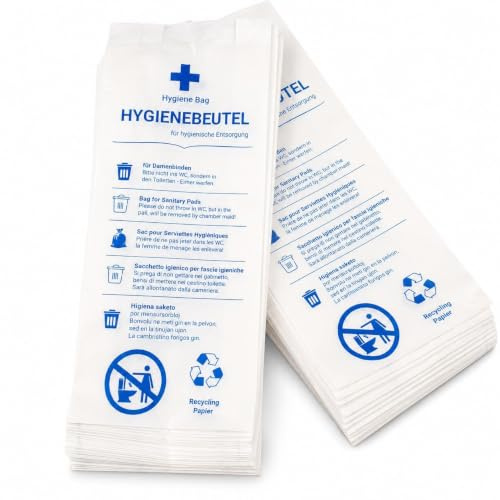 1000 Hygienebeutel aus Papier | 12+5x28 cm | Hygienebeutel Hotel Badezimmer | Mehrsprachiger Aufdruck | Recyclingpapier | Für Hygienebeutelspender, Pensionen, Ferienwohnungen & Pflegeeinrichtungen
