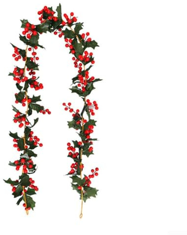 Guirnalda de acebo artificial con bayas rojas y hojas verdes para decoración de Navidad, vacaciones, boda, fiesta, hogar, jardín, valla de 175 cm de largo (No. 75)