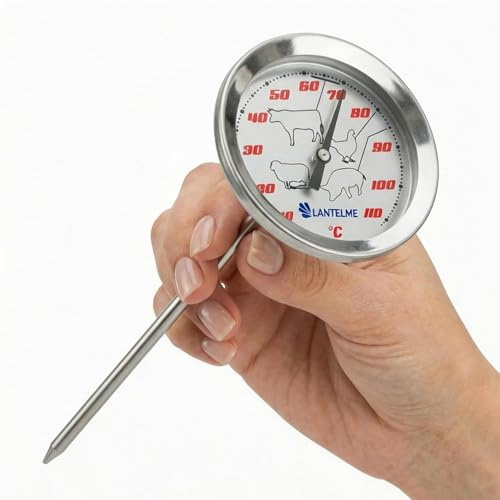 Lantelme Bratenthermometer Analog mit Einstich Sonde 12,5cm | Analoges Fleischthermometer für Kerntemperaturmesser beim Grillen oder Backofen Braten | Edelstahl Thermometer von Steak Fleisch Schwein