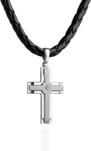 STERLL Herren Halskette Mit Kreuzanhänger Aus 925er Silber Und Verstellbarer Lederkette