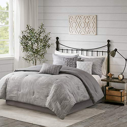 Madison Park Walter Comforter - Luxe Seersucker Print Design, All Season Down Alternative Bedding, Matching Shams, Bedskirt, Decorative Pillows, Grey Queen(90x90) 7 Piece